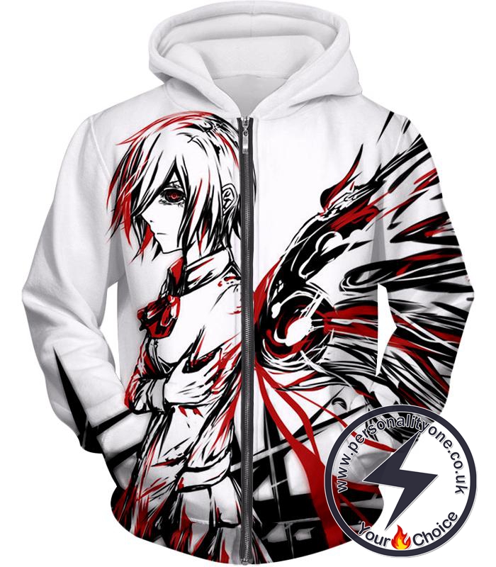 Tokyo Ghoul Kagune Winged Touka White Sketched Zip Up Hoodie